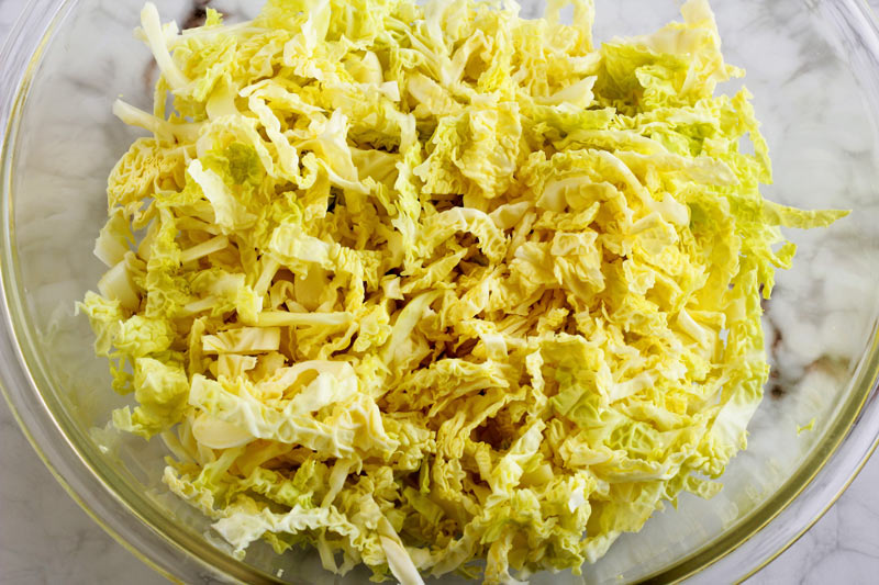 Shredded savoy cabbage in bowl